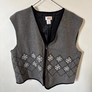 Talbots Womens XL Wool Blend Snowflake Lined Vest Herringbone Grey Black Vintage